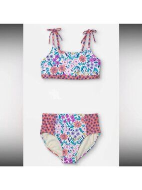 Girls Cat & Jack Floral Two-Piece Swimsuit With Tie Straps Size S Multicolor sz